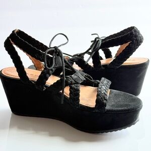 Trask Black Suede Platform Braided Wedge Lace-Up Sandals Size 11